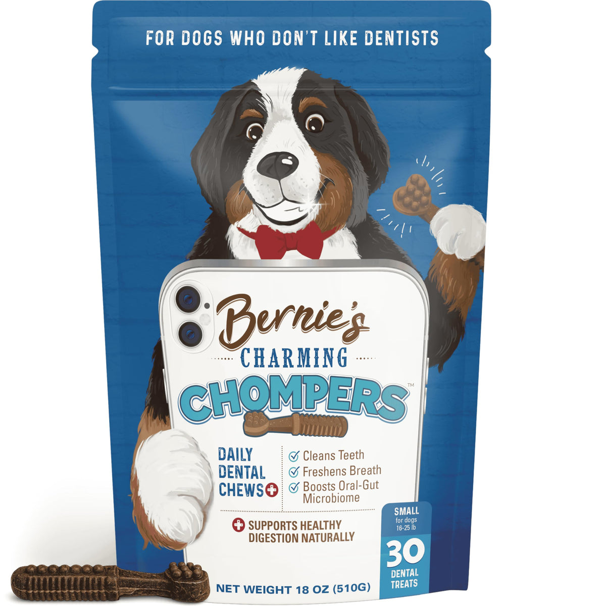 Bernie's Charming Chompers, limpieza dental diaria para perros y mejor higiene bucal.