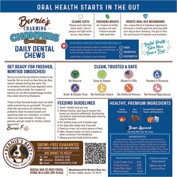 Bernie's Charming Chompers fortalecen el microbioma bucal para bienestar general.