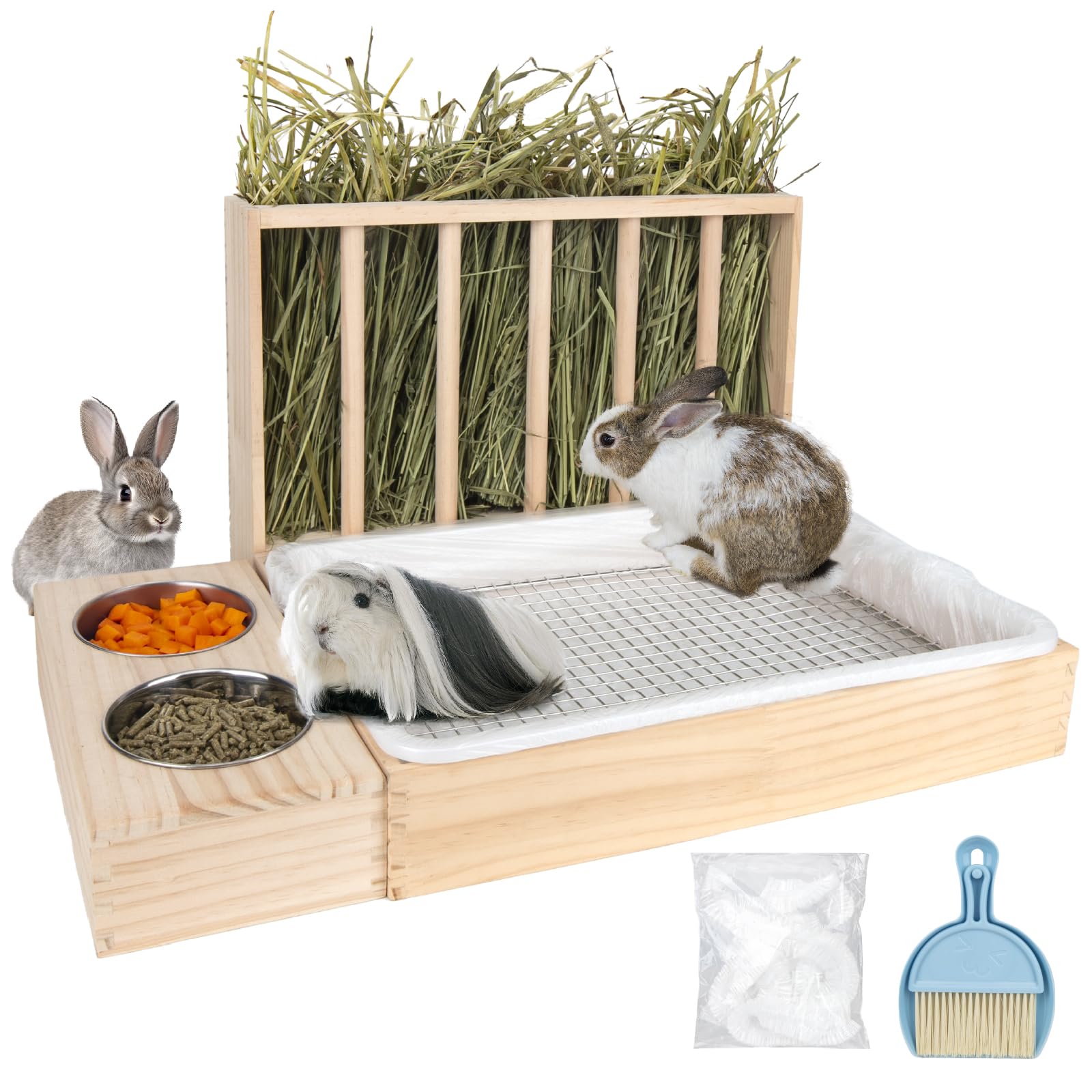 BESNEW alimentador de heno 3 en 1 con caja de arena para conejos, práctico.