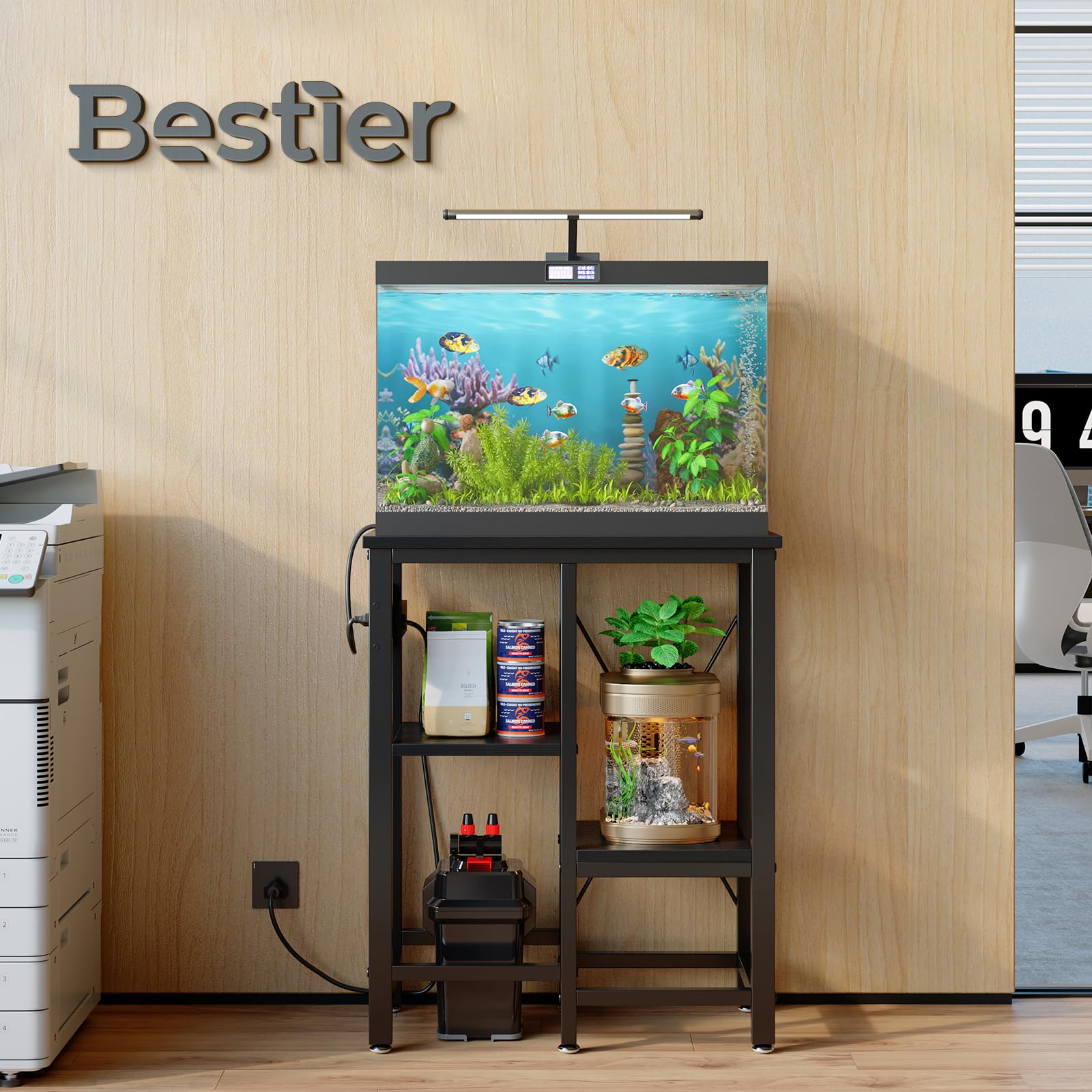 Bestier banco acuario 10 galones con tres estantes ajustables para organización.