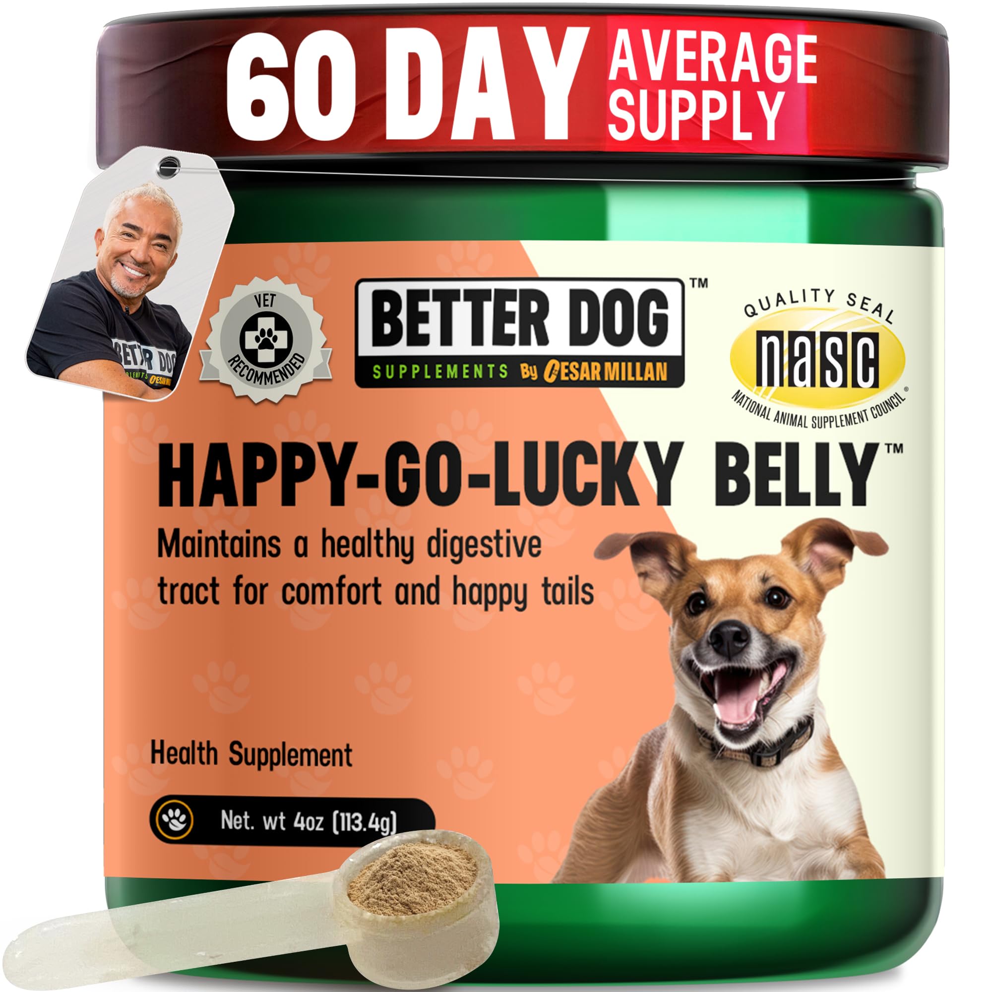 Better Dog Supplements By Cesar Millan: Happy-Go-Lucky Belly, vertido de polvo desde la botella para uso diario.