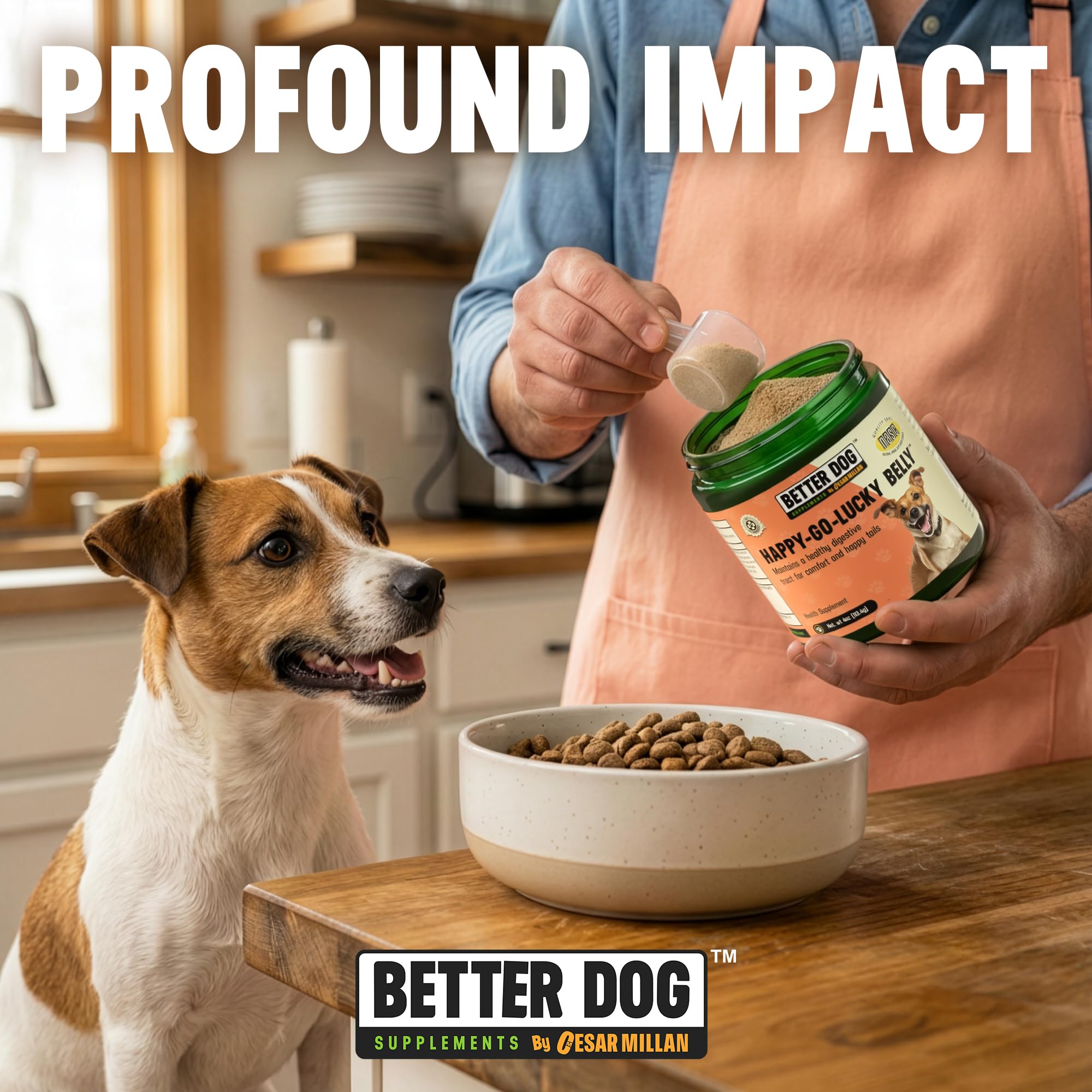 Better Dog Supplements By Cesar Millan: Happy-Go-Lucky Belly, mezcla en comida para facilitar la ingestión.