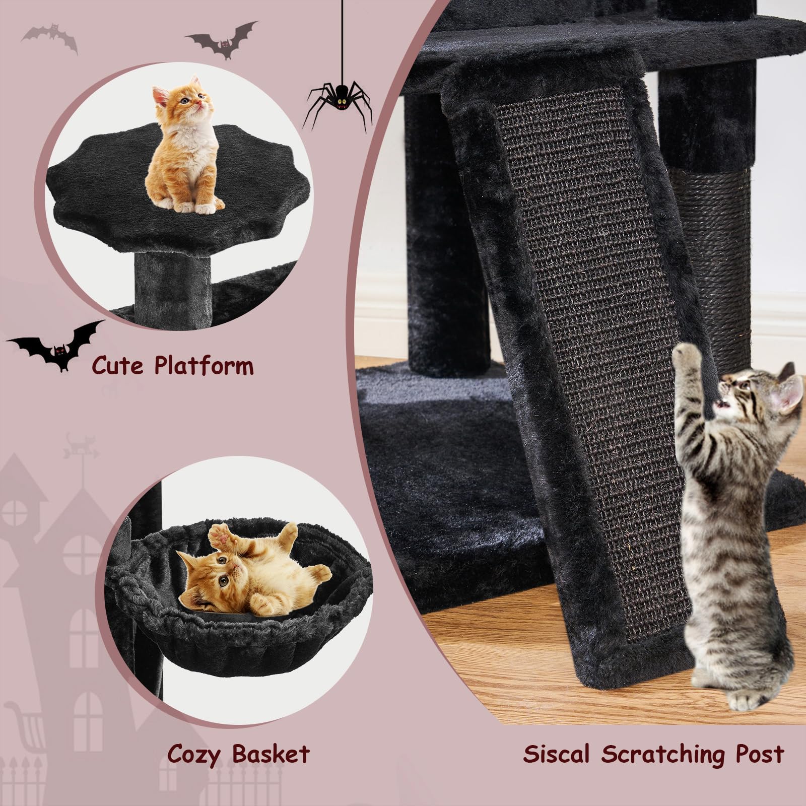 BEWISHOME torre para gato interior negro con detalles rojos.