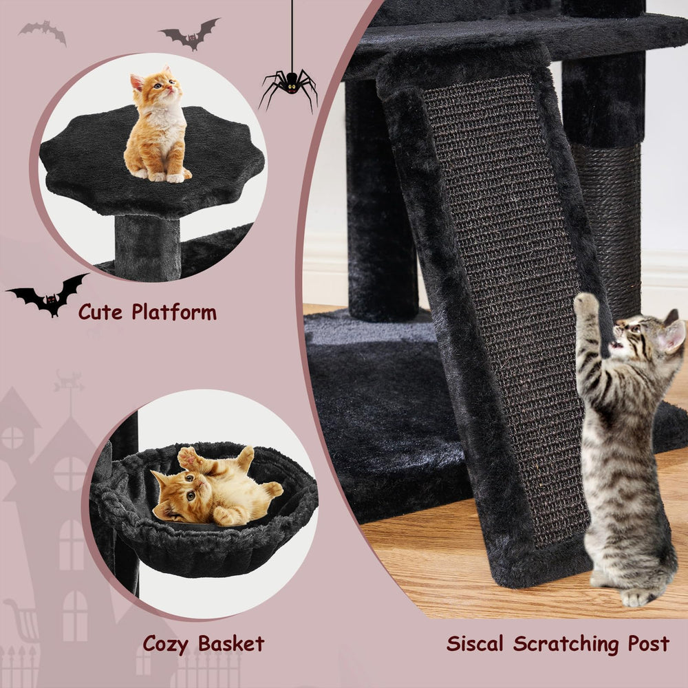 BEWISHOME torre para gato interior negro con detalles rojos.