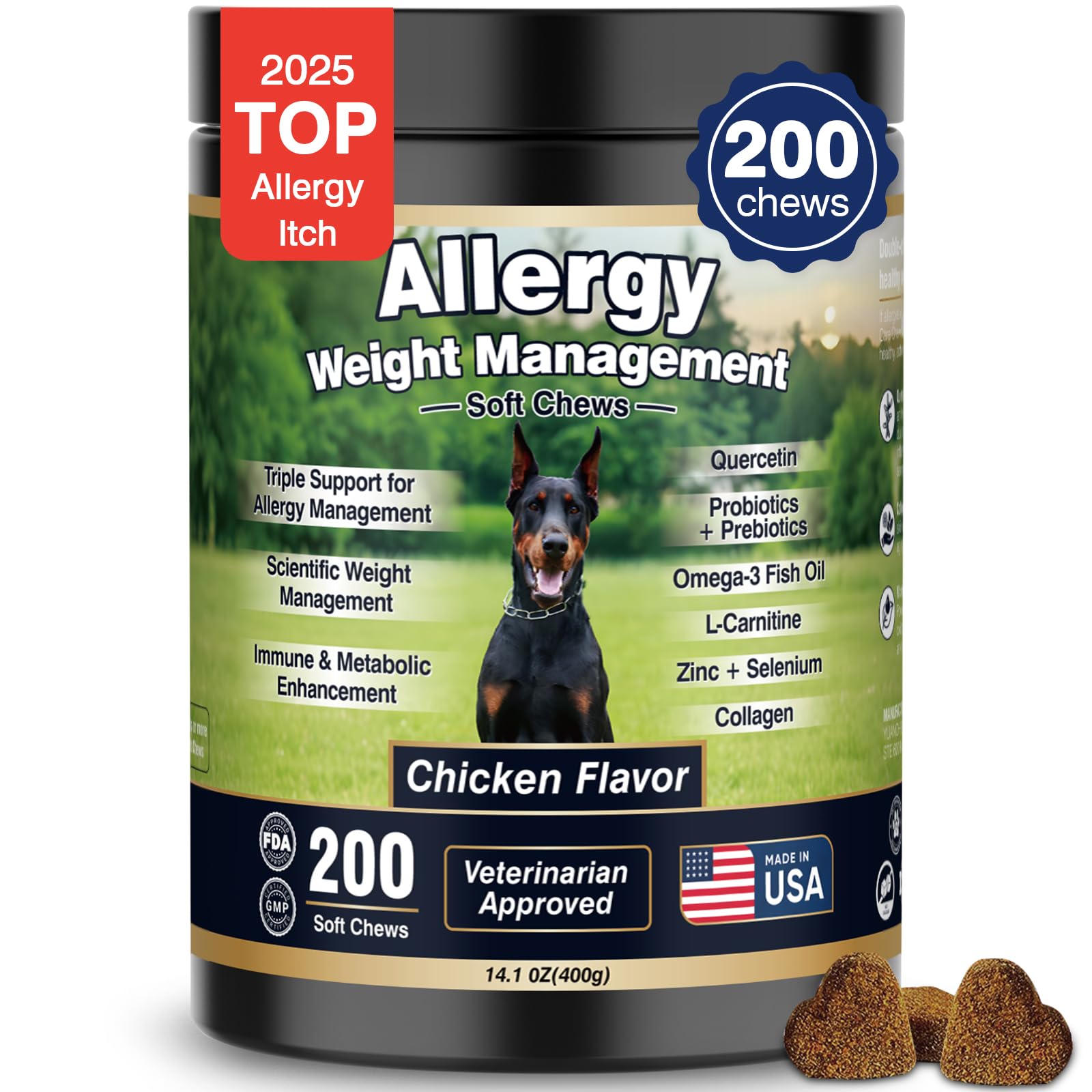 BFDEREN: empaque de masticables para alergia en perros, fácil de usar.
