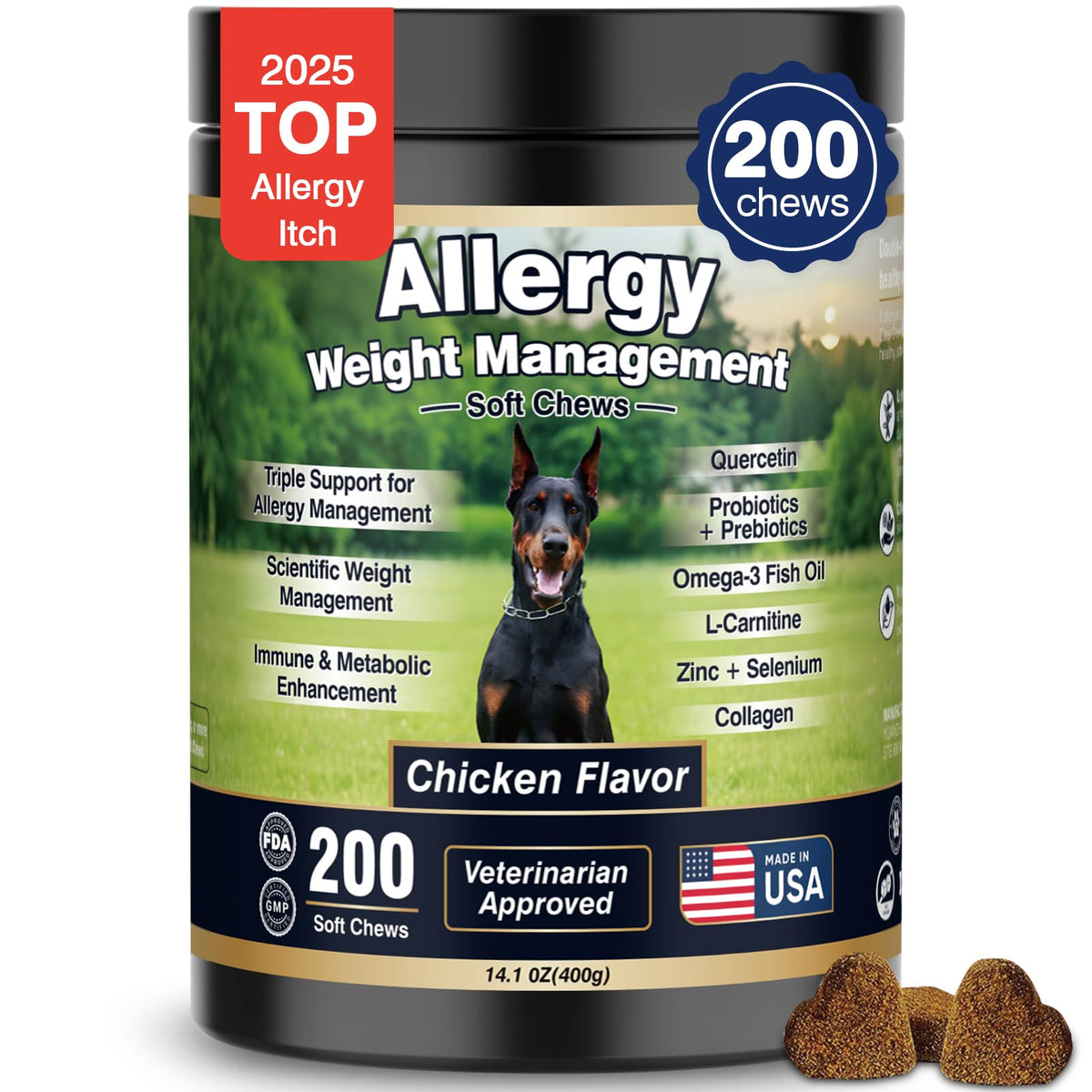 BFDEREN: empaque de masticables para alergia en perros, fácil de usar.
