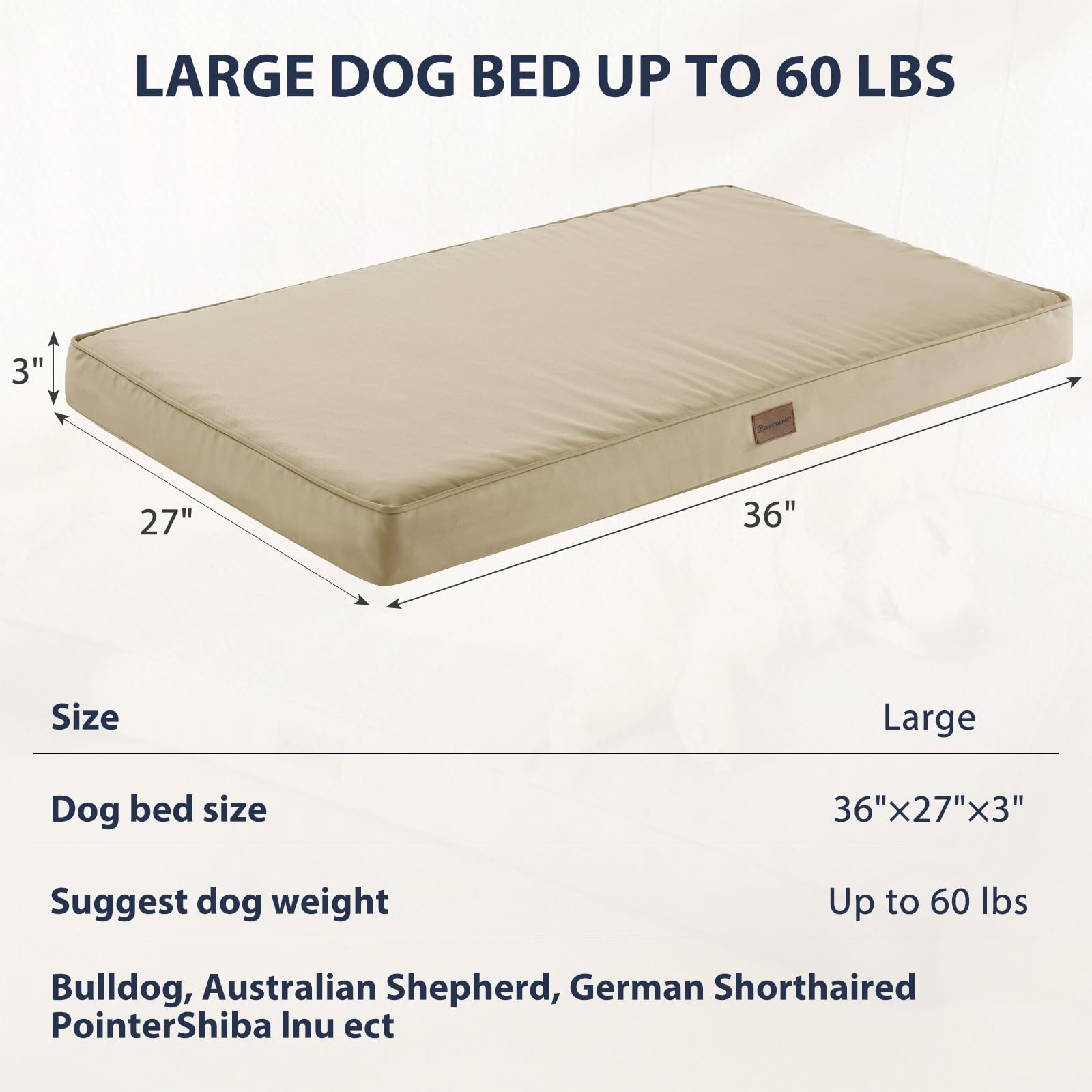 Dimensiones 36x27 pulgadas de la cama para perros grandes.