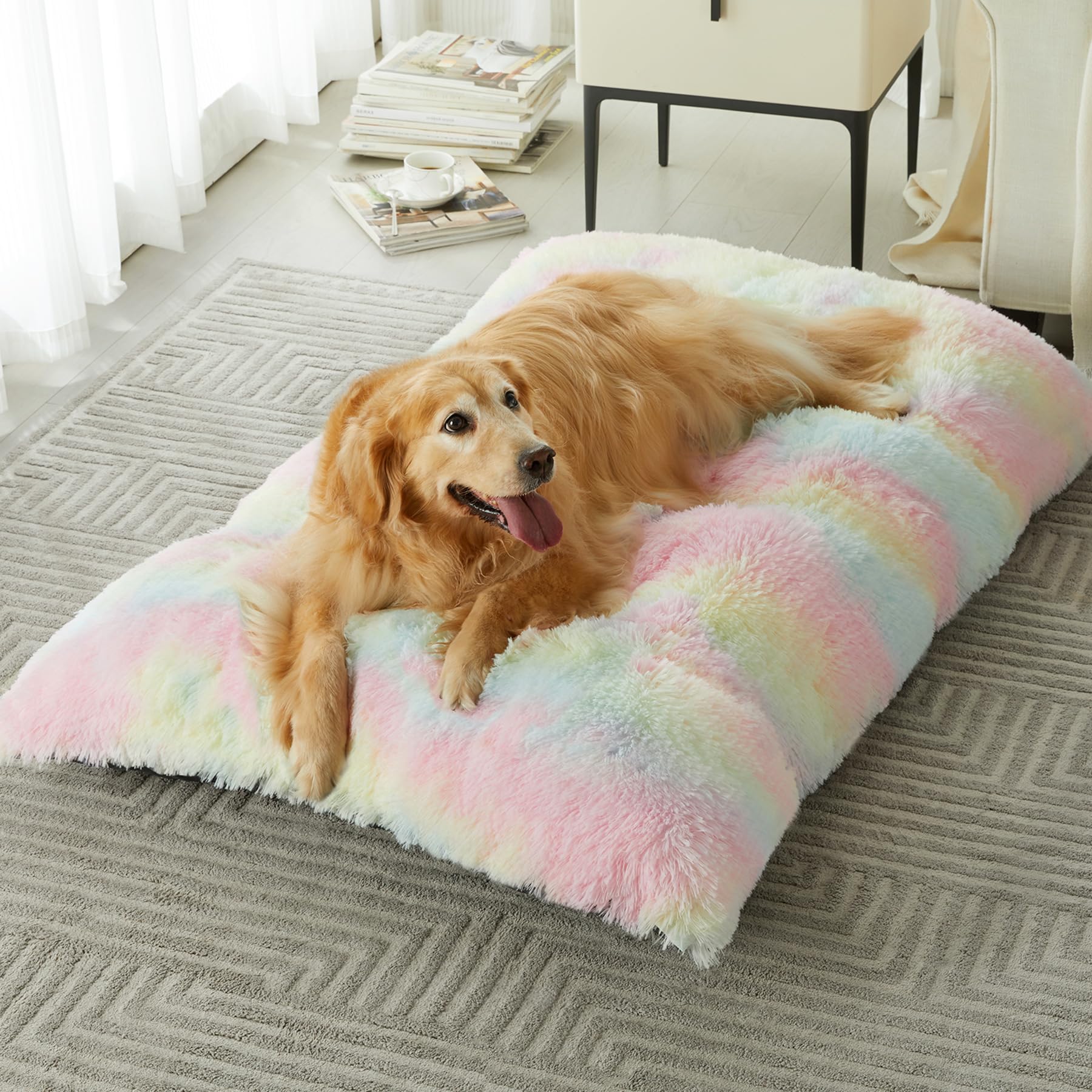Cama para perro grande acolchada BFPETHOME con diseño arcoíris, descanso cómodo.