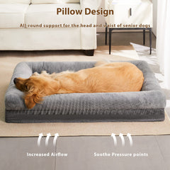 Cama BFPETHOME XL muestra espuma huevo de alta densidad para reposo cómodo.