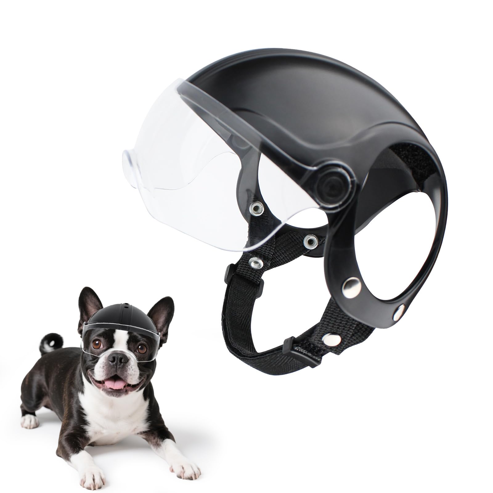 Casco para perros Billionchains con visor desplegable para visión amplia en paseos en coche.