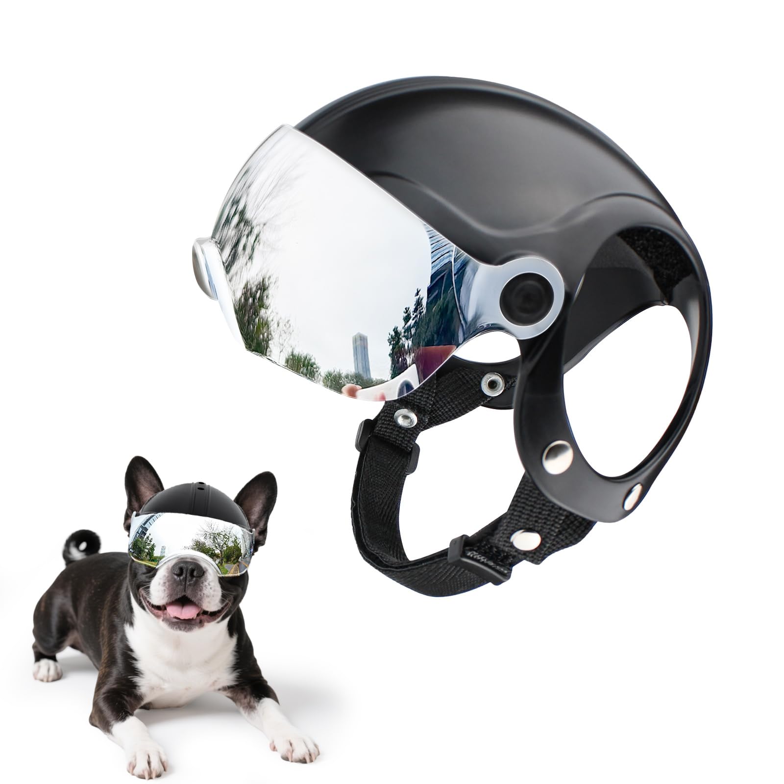Casco Billionchains para perros pequeños con visor desplegable plateado, protege ojos durante paseos