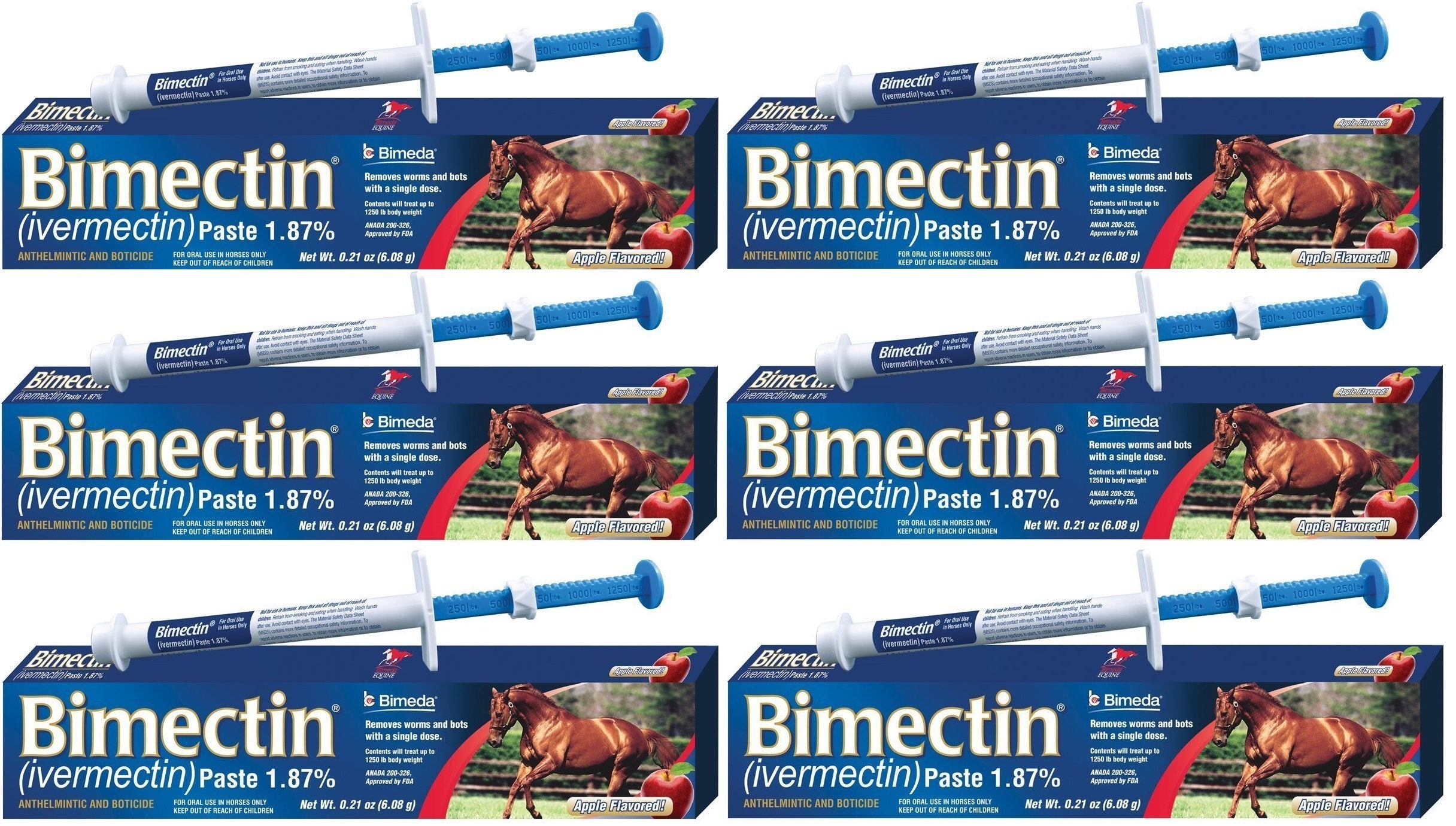 Bimectin, pasta de ivermectina para caballos, en envase para 6 dosis, facilita la dosificación.
