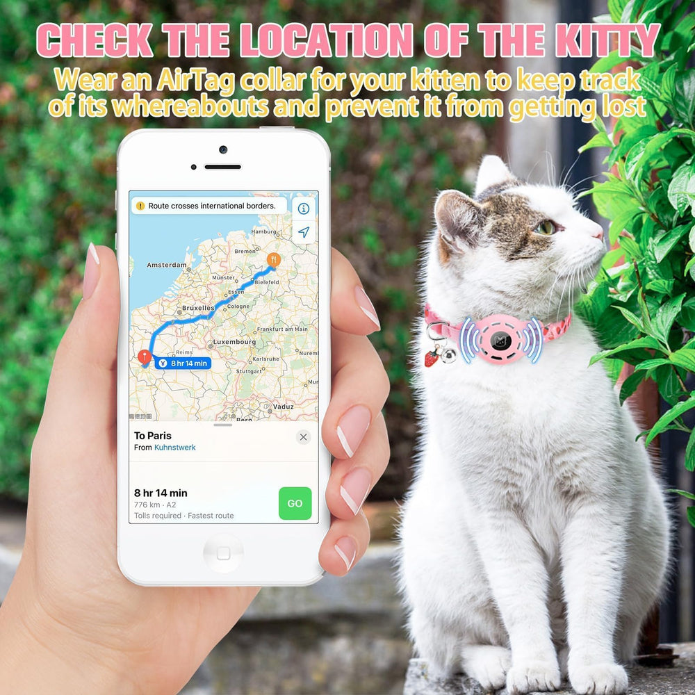 Collar impermeable BINGPET para gato con AirTag, ideal para uso diario.