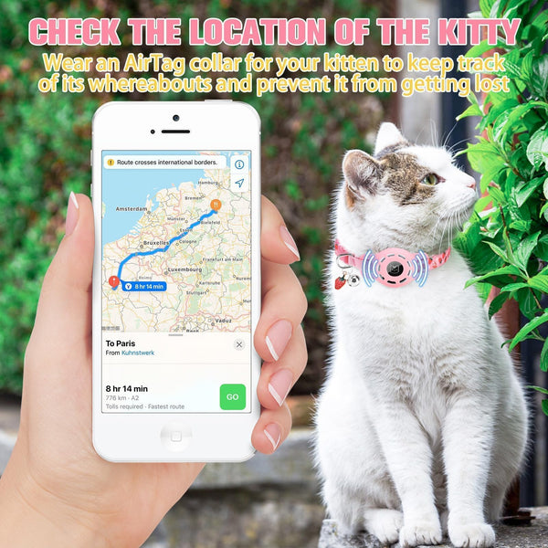 Collar impermeable BINGPET para gato con AirTag, ideal para uso diario.