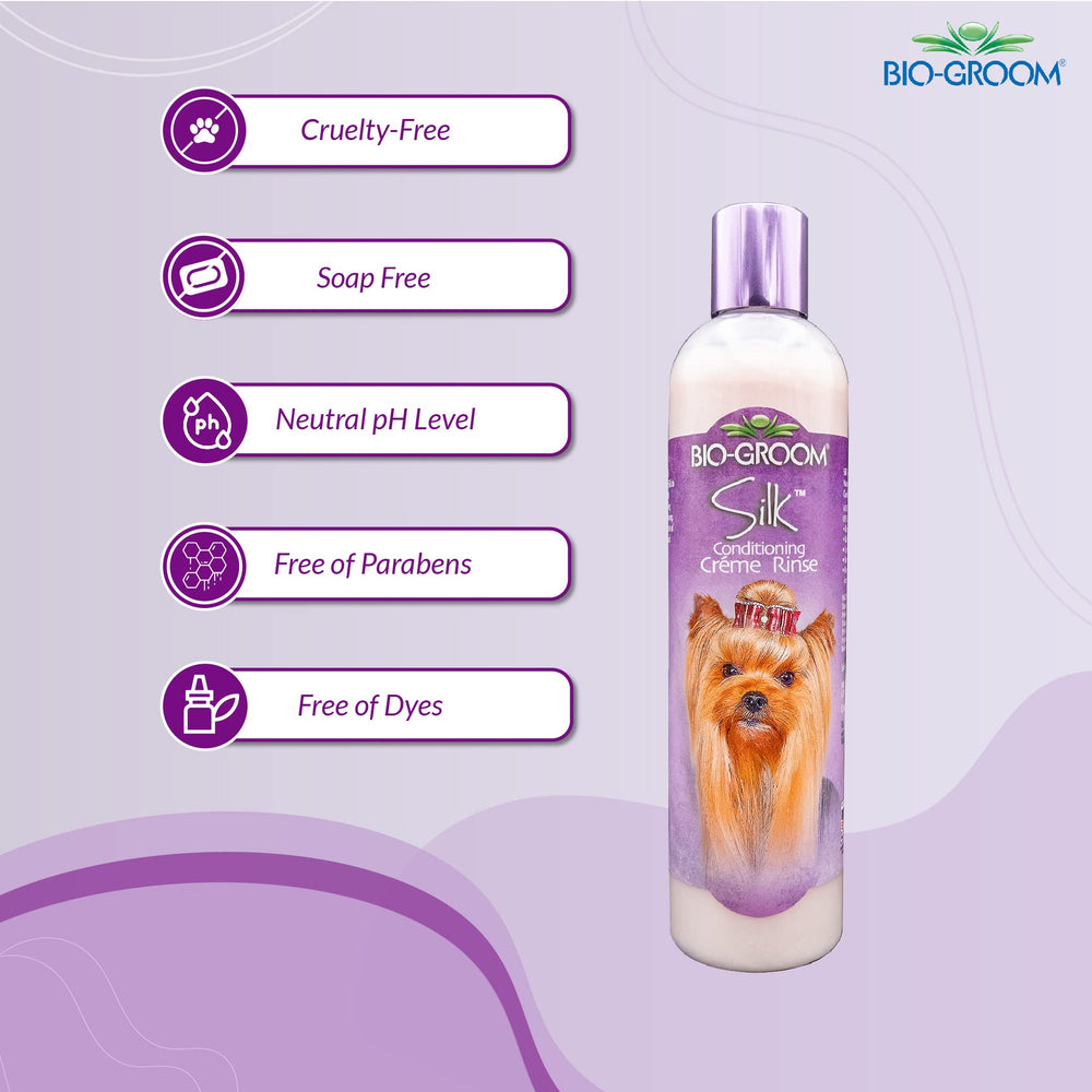 Bio-Groom acondicionador seda crema para perros, brillo deslumbrante en pelaje.