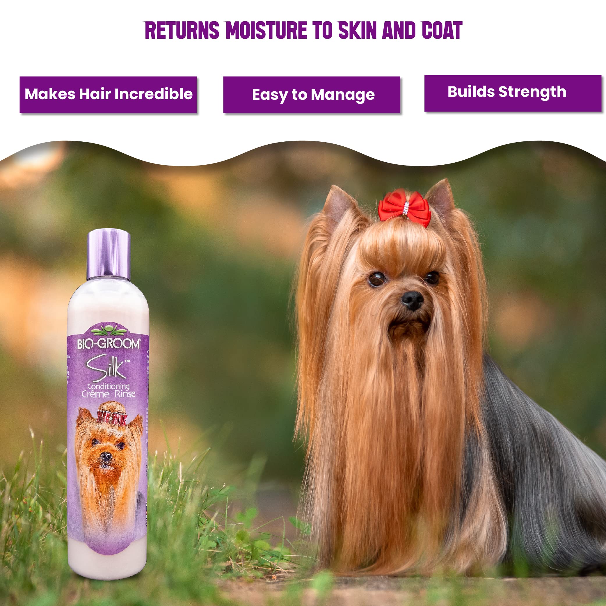 Bio-Groom acondicionador seda crema para perros, desenredo suave durante cepillado.