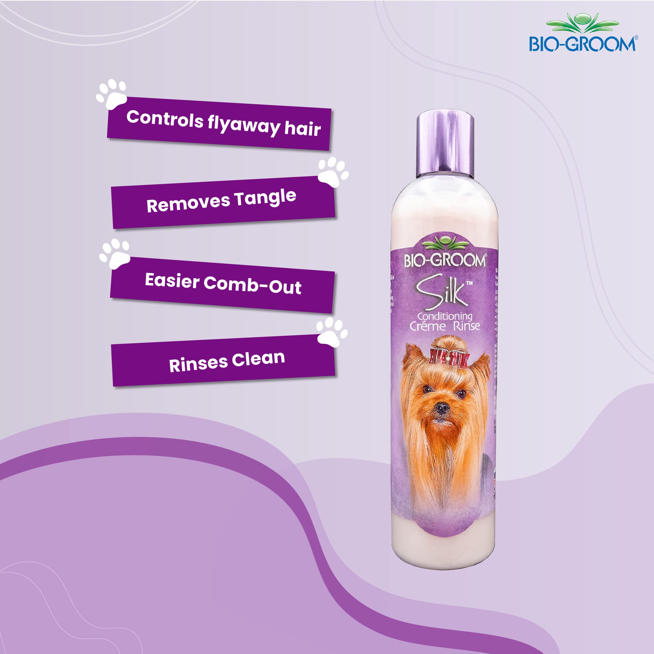 Bio-Groom acondicionador seda crema para perros, etiqueta clara y transparente.