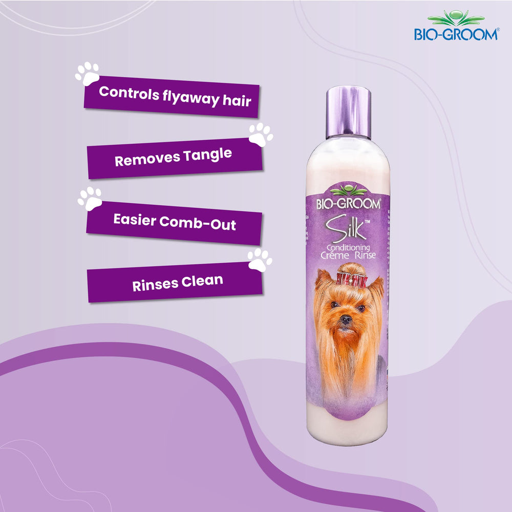 Bio-Groom acondicionador seda crema para perros, etiqueta clara y transparente.