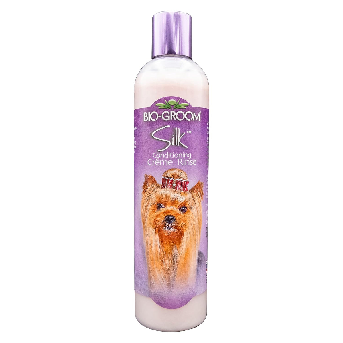 Bio-Groom acondicionador seda crema para perros, botella volcada para uso rápido.