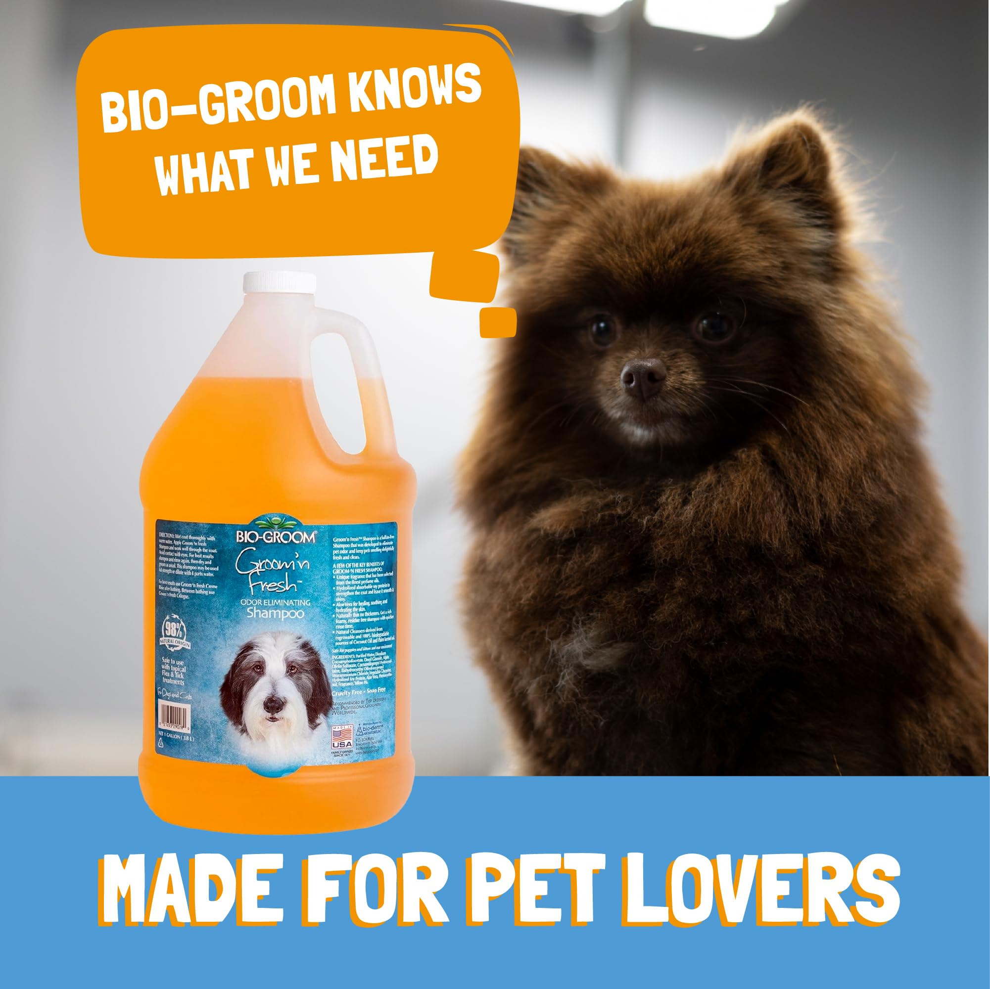 Bio-Groom Groom'n Fresh etiqueta clara y envase práctico para uso en casa.