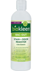 Biokleen Bac-Out en botella frontal muestra diseño ecológico para limpieza segura.