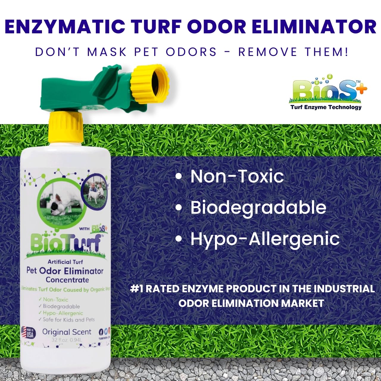 BioTurf BioS+ aplicación externa para desodorizar superficies al aire libre.