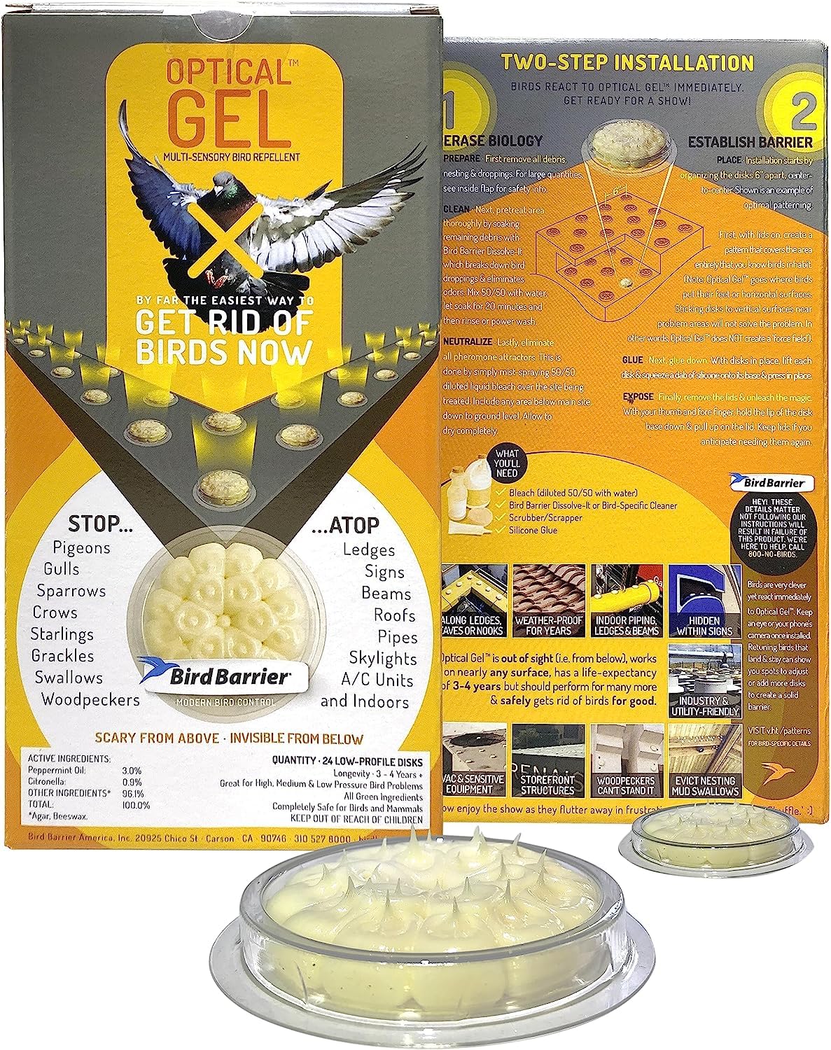 Bird Barrier Gel Óptico frascos: disuasión natural para techos y cornisas.