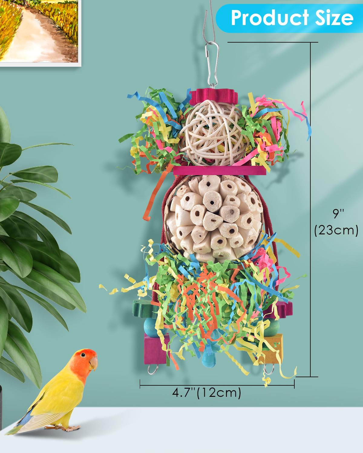 Colgante Bissap con pieza trenzada para aves pequeñas, fomenta la actividad física.