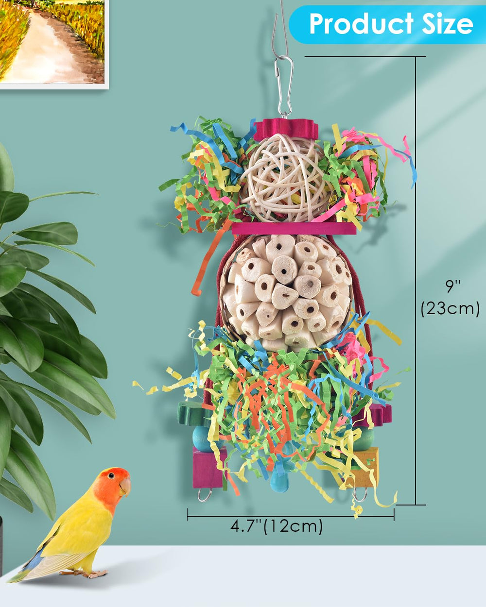 Colgante Bissap con pieza trenzada para aves pequeñas, fomenta la actividad física.