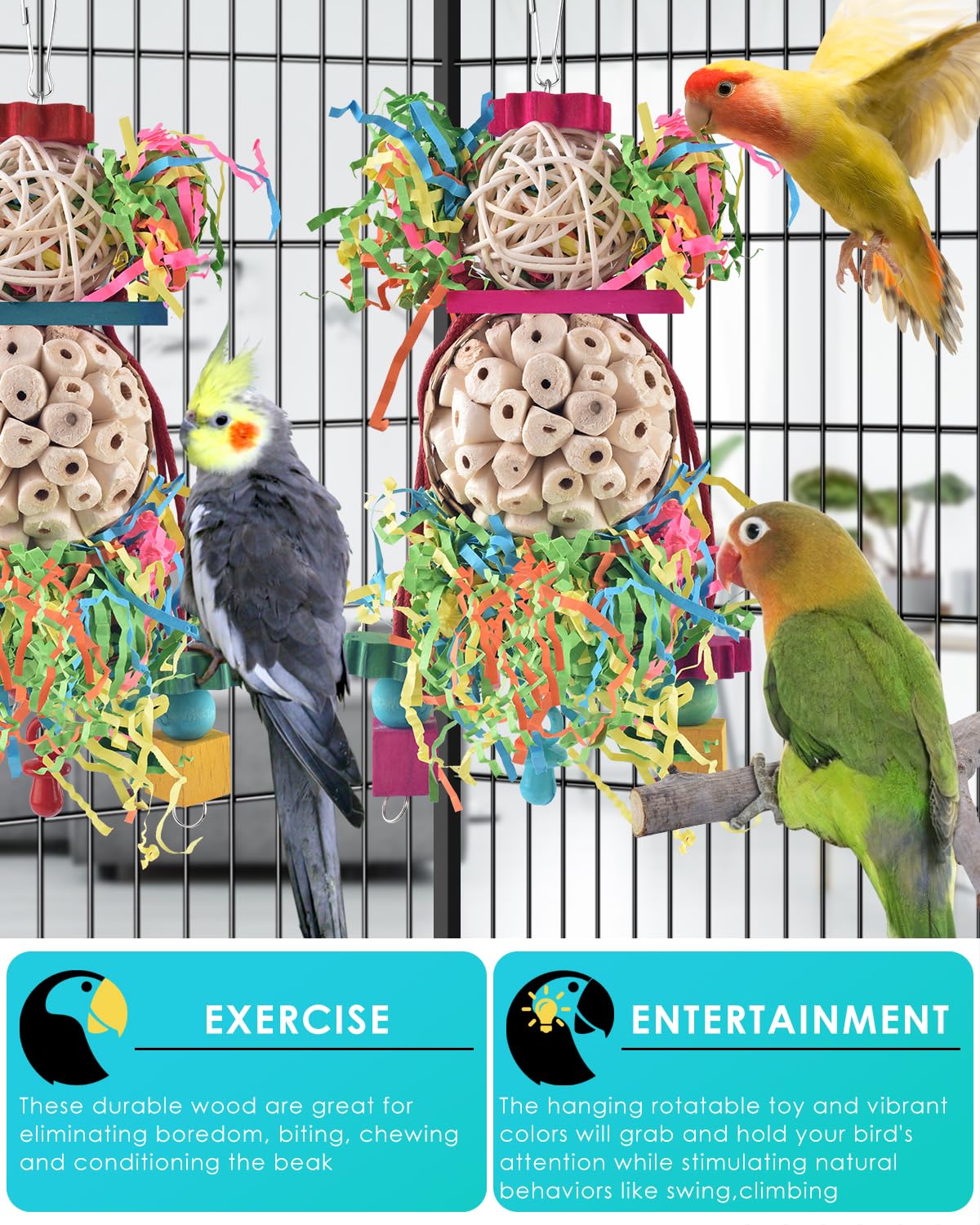 Juguete Bissap de colores brillantes para aves, atrae la atención y reduce el aburrimiento.