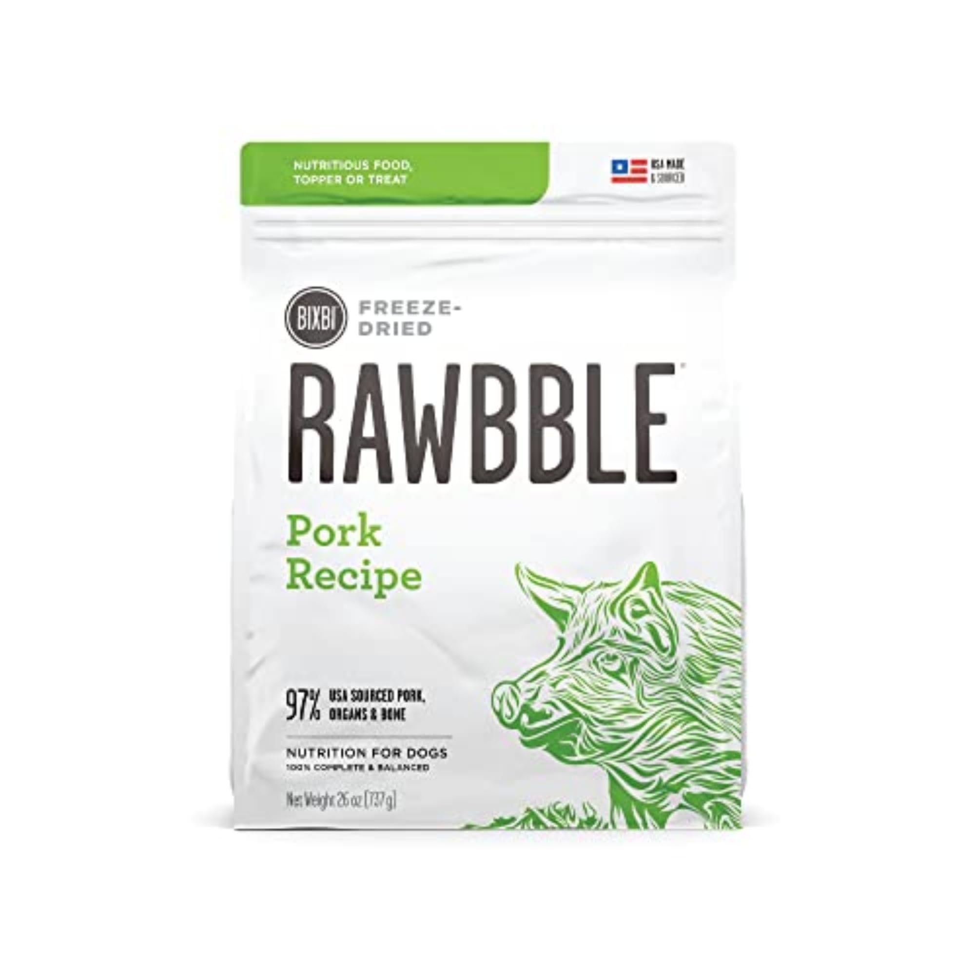 BIXBI Rawbble cerdo-ingredientes: proteína de calidad para perros activos.