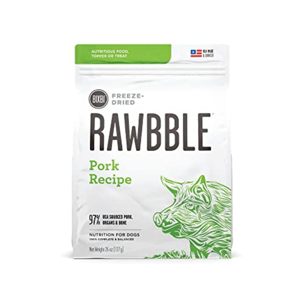 BIXBI Rawbble cerdo-ingredientes: proteína de calidad para perros activos.