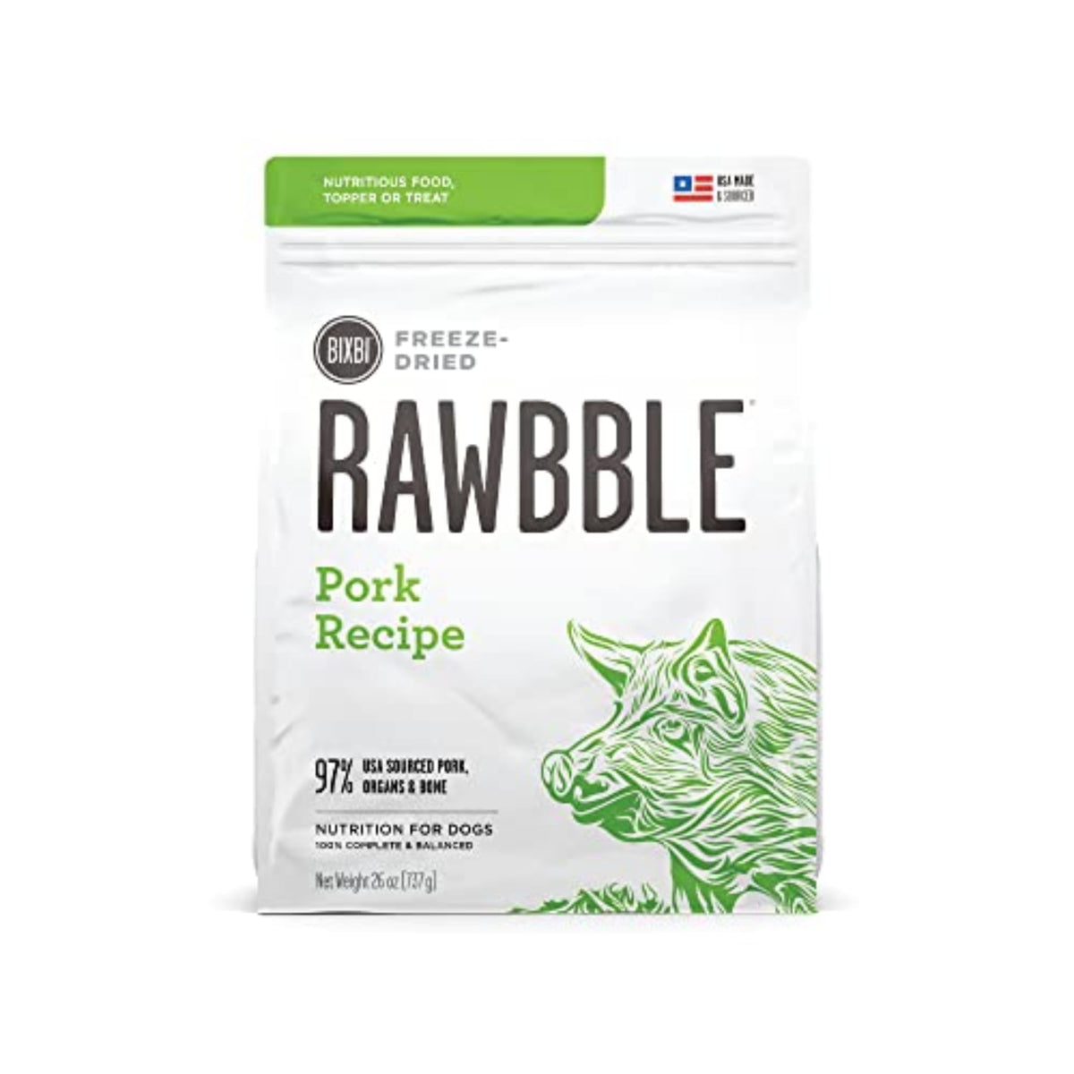 BIXBI Rawbble cerdo-ingredientes: proteína de calidad para perros activos.