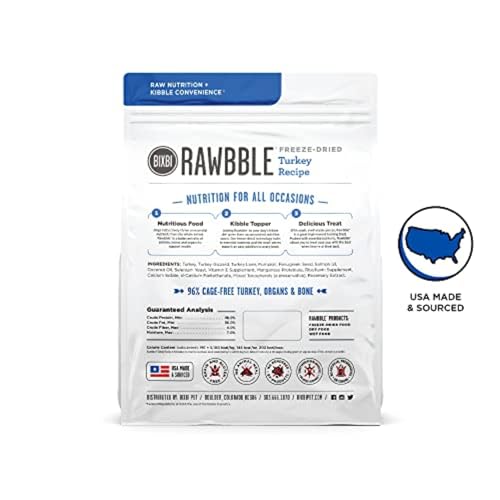 BIXBI Rawbble pavo trozos liofilizados sobre cuenco, complemento ideal
