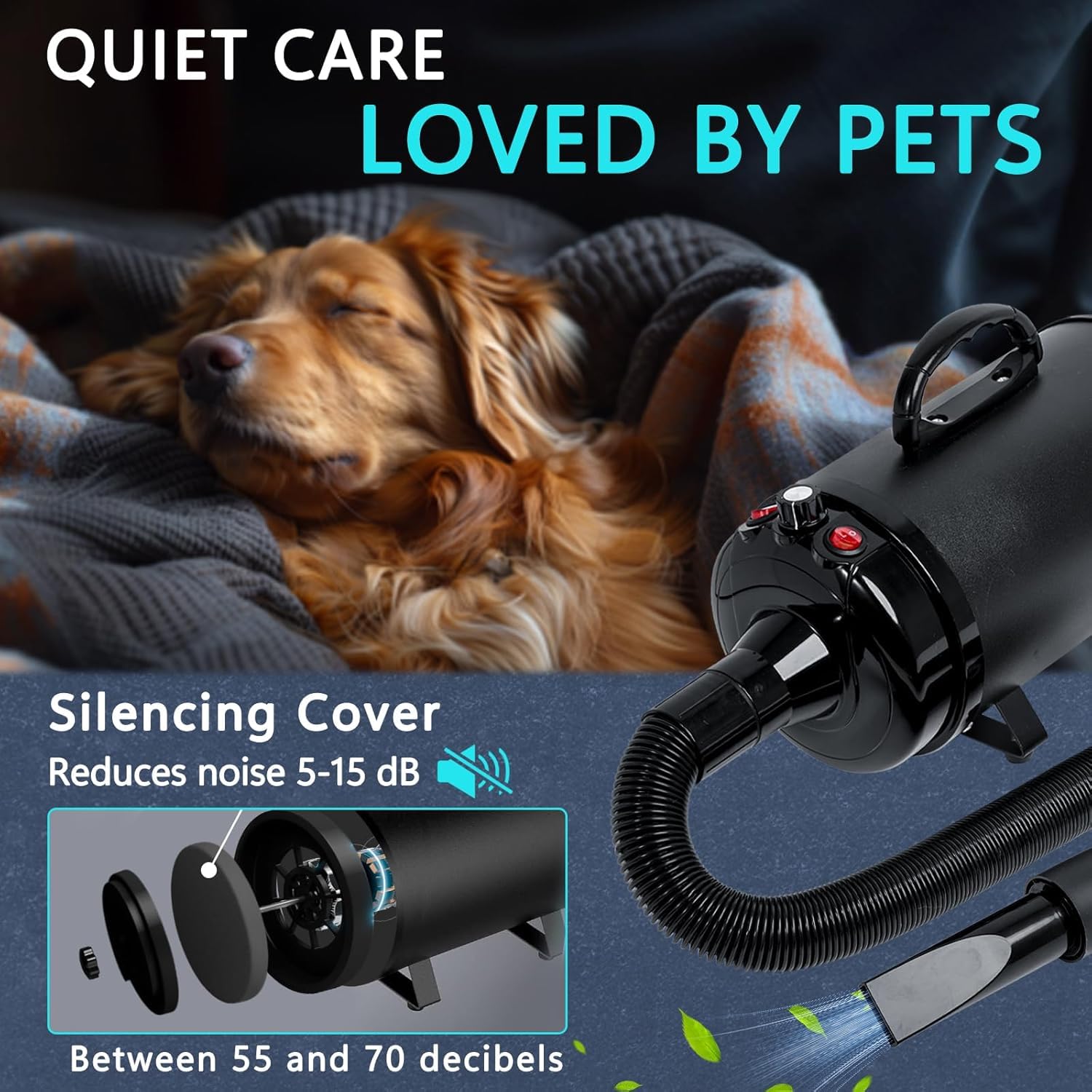 Blanlody secador para perros: diseño silencioso para sesiones sin estrés.