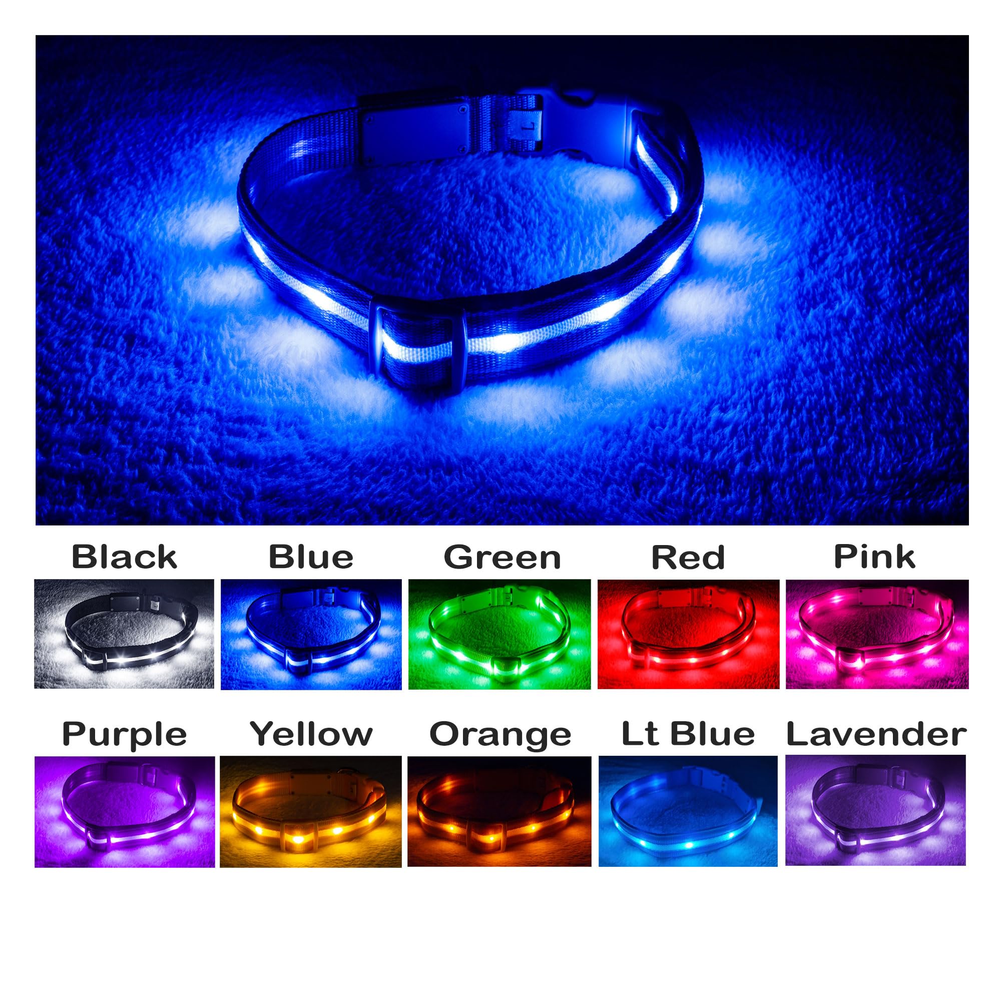 Collar Blazin LED cómodo y ajustable para mascotas.
