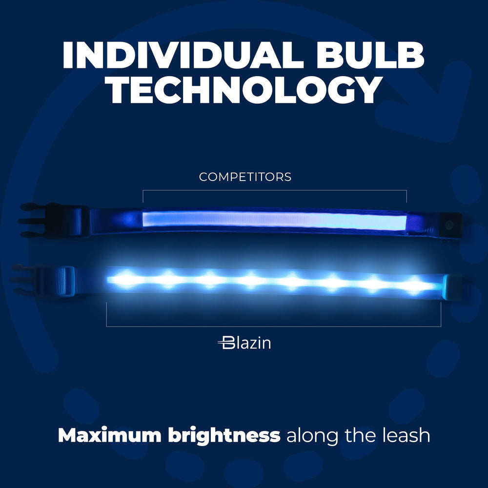 El collar Blazin se recarga por USB, listo para salidas nocturnas.