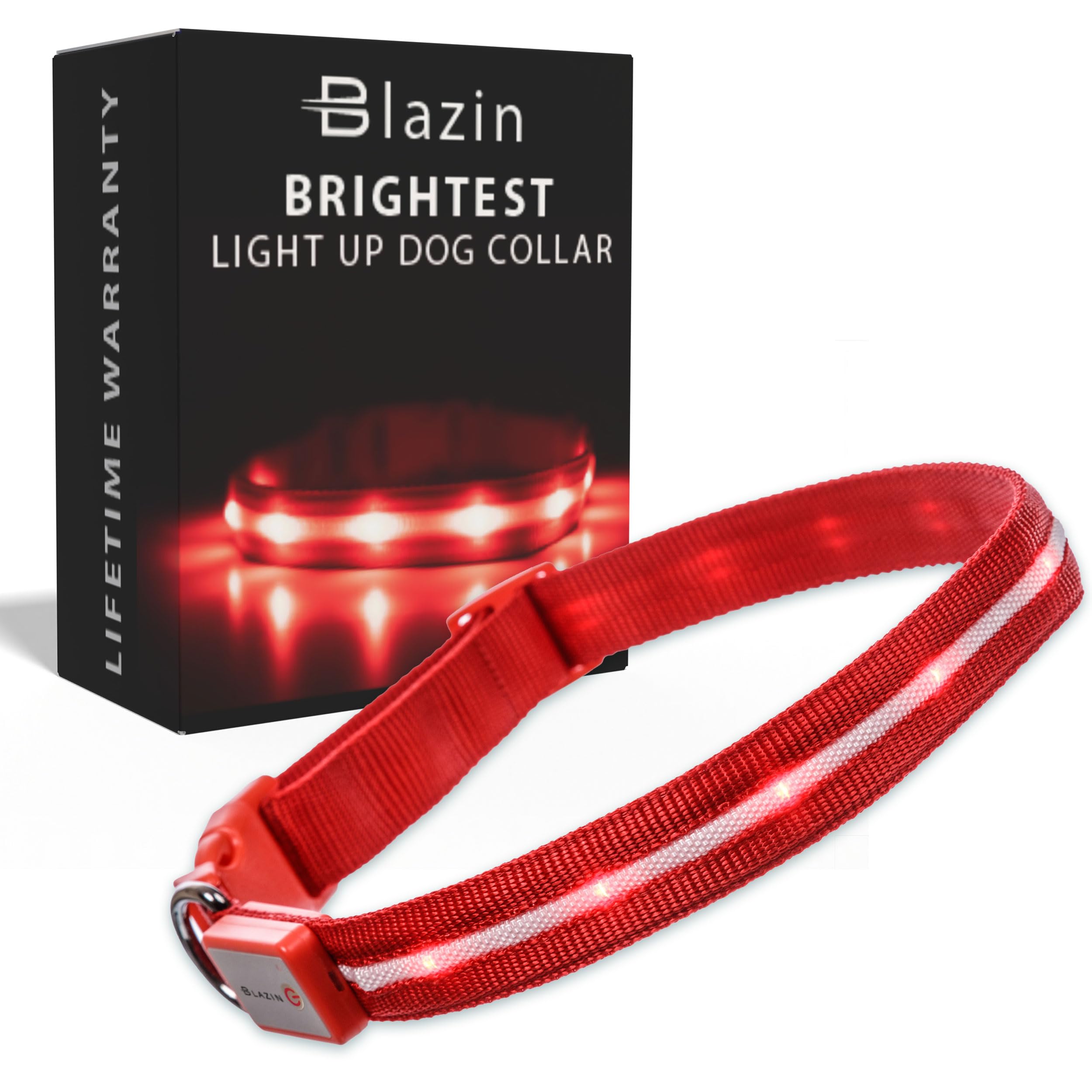El collar de luz Blazin para perros, vista frontal, mejora la visibilidad nocturna.