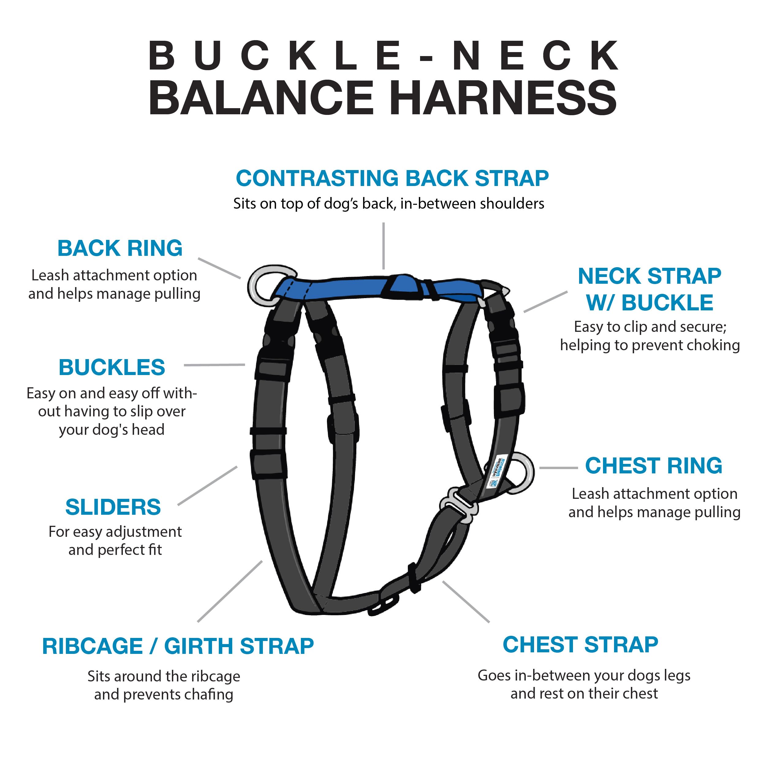 Arnés Blue-9 Balance con clip frontal para perros que evitan pasar la cabeza durante colocación.