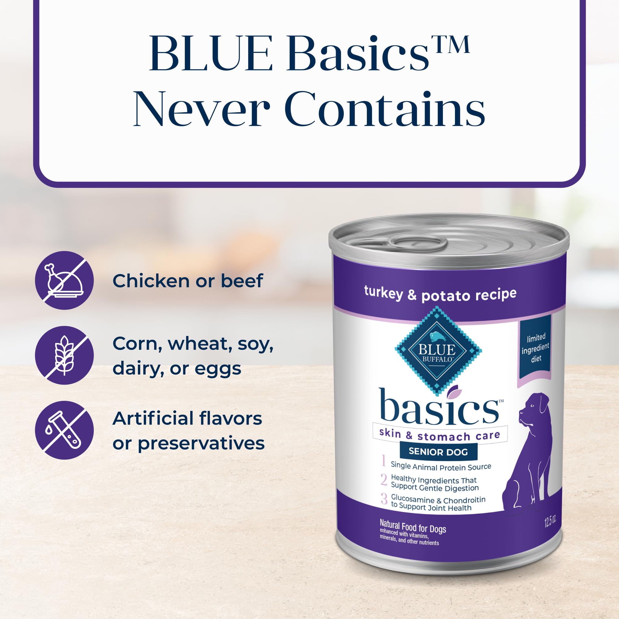 Glucosamina y condroitina en Blue Buffalo Basics Senior, movilidad para articulaciones
