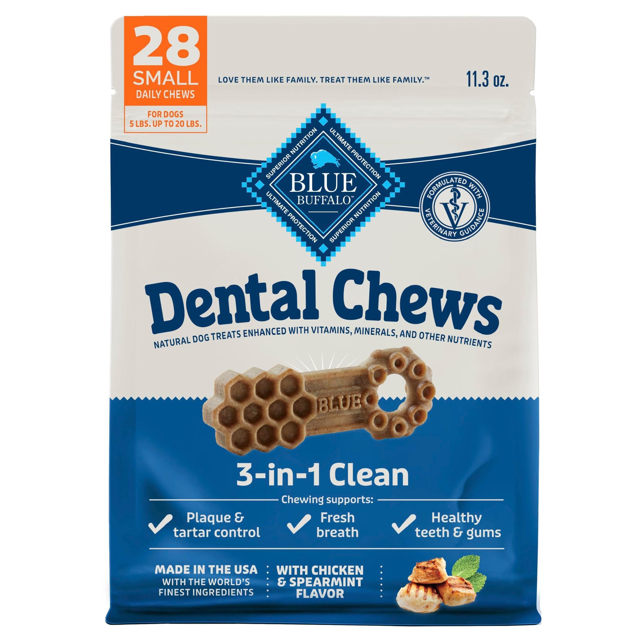 Blue Buffalo Dental Chews empaque: tamaño mini para perros pequeños.