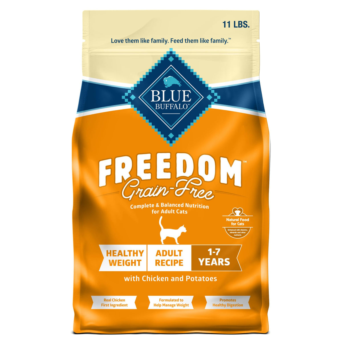 Blue Buffalo Freedom Grain-Free, bolsa 11 libras, ideal para control de peso en gatos indoor.
