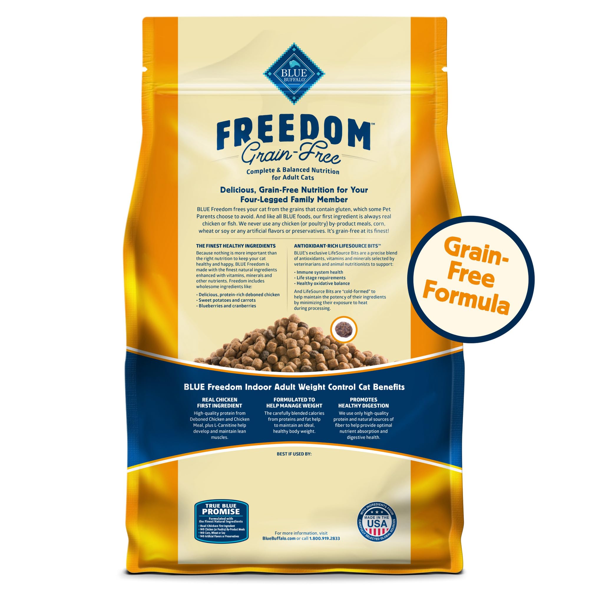 Blue Buffalo Freedom Grain-Free, pollo deshuesado como primer ingrediente para proteína de alta calidad.