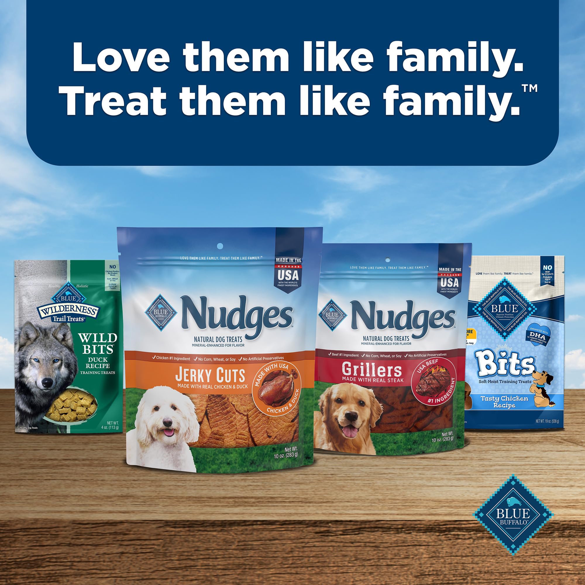 Blue Buffalo Nudges Jerky Cuts cierre seguro y empaque resistente para guardar.
