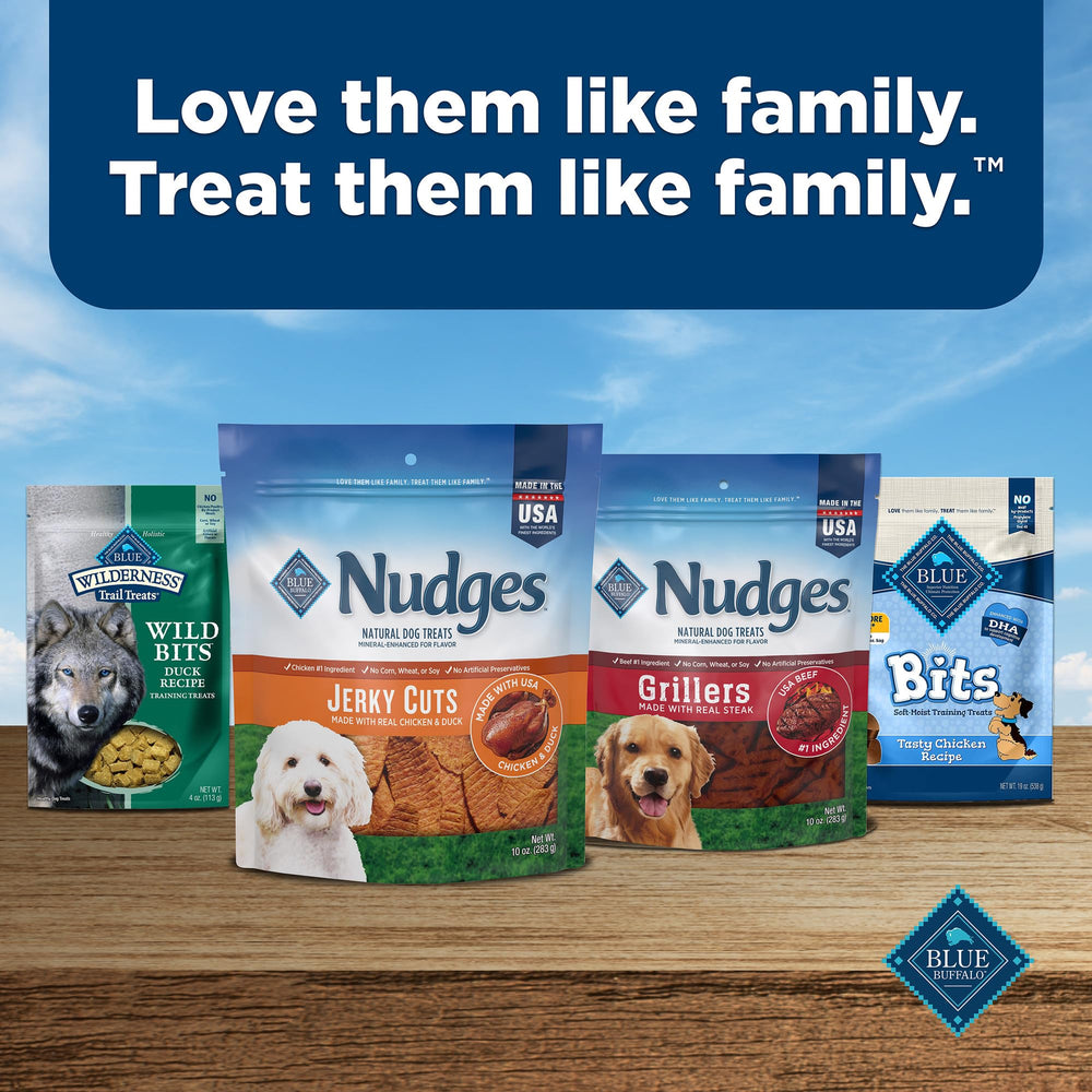 Blue Buffalo Nudges Jerky Cuts cierre seguro y empaque resistente para guardar.