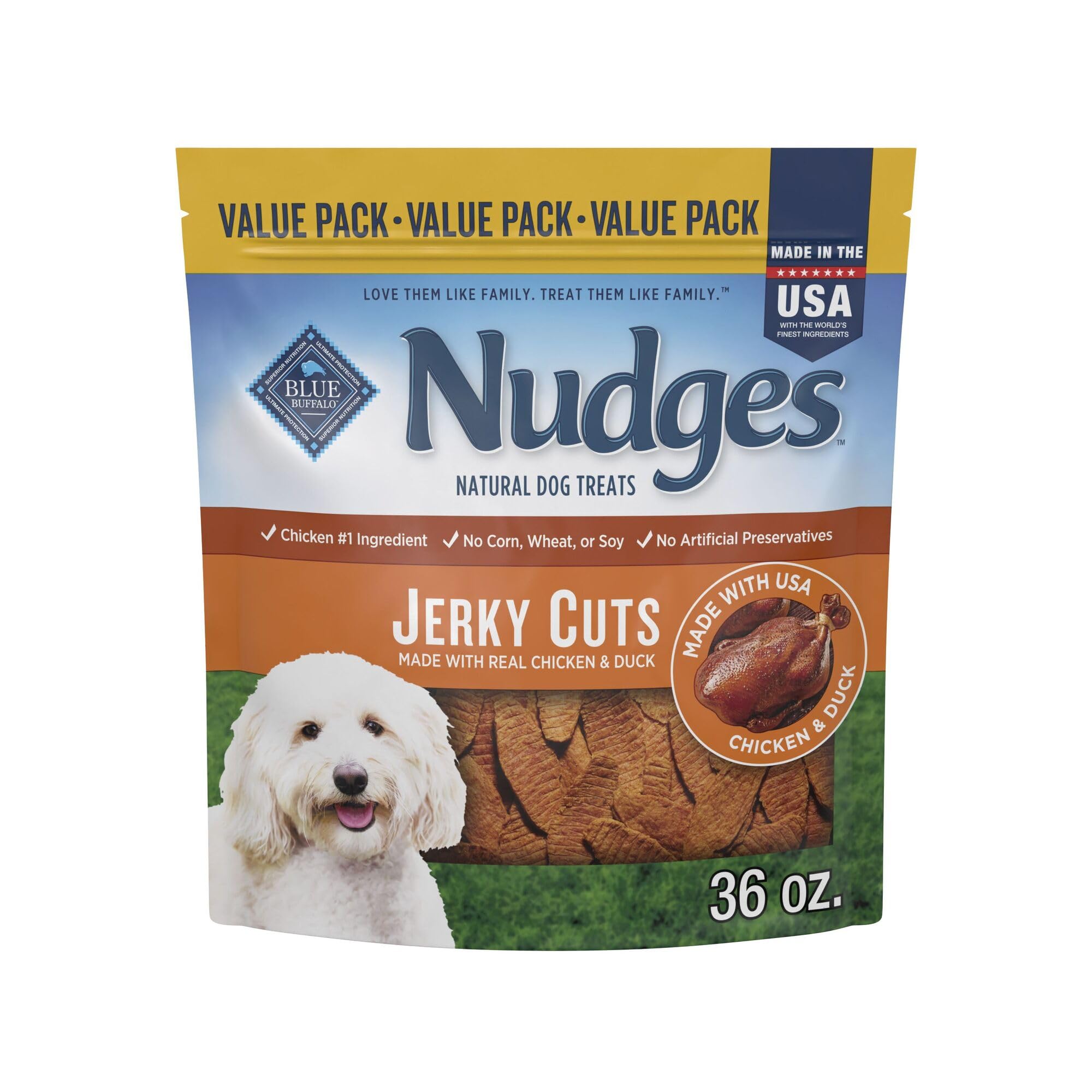 Blue Buffalo Nudges Jerky Cuts con pollo y pato real, recompensa sabrosa para perros.