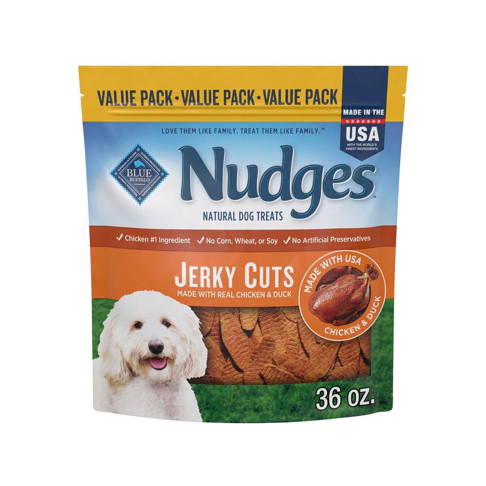 Blue Buffalo Nudges Jerky Cuts con pollo y pato real, recompensa sabrosa para perros.