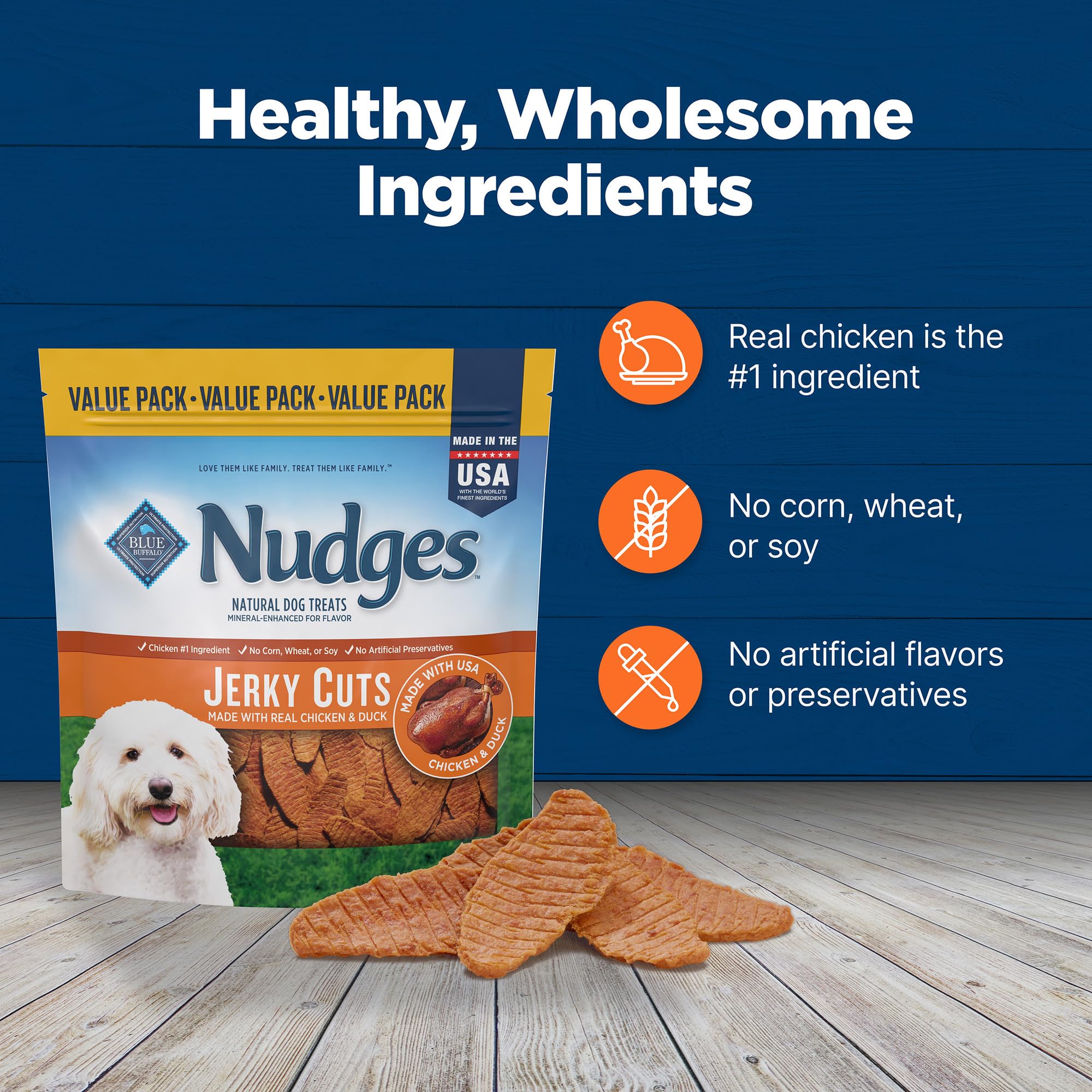 Blue Buffalo Nudges Jerky Cuts receta de pollo y pato para sabor canino.