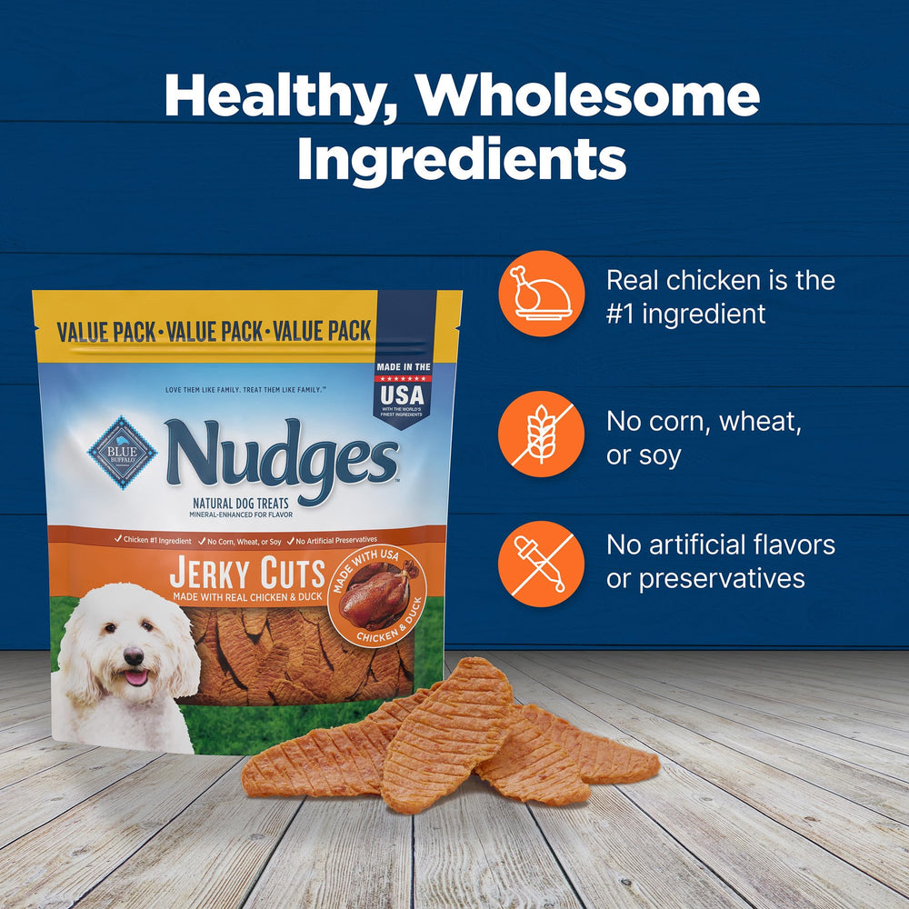 Blue Buffalo Nudges Jerky Cuts receta de pollo y pato para sabor canino.