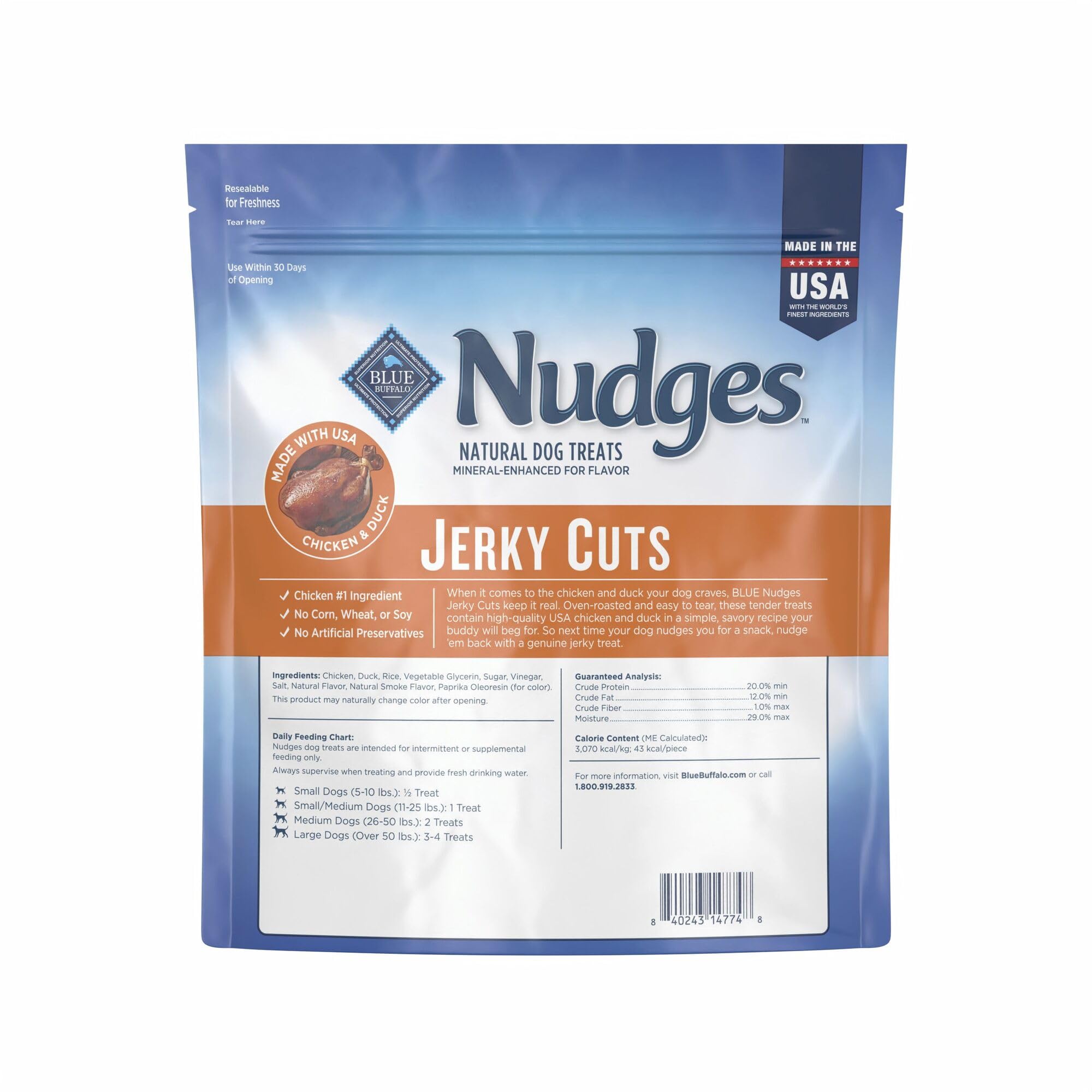 Blue Buffalo Nudges Jerky Cuts textura tierna, fácil de desmenuzar para entrenamientos.